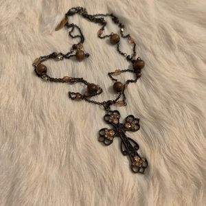 Filigree Antique Brass Rhinestone Cross Necklace with Wood and Glass Beads